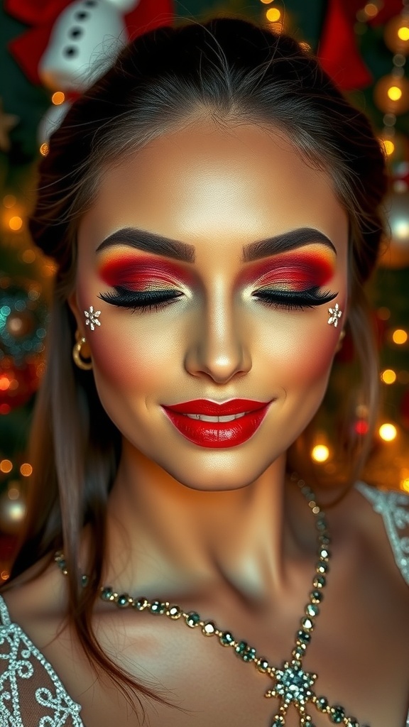 Festive Christmas makeup with red and green eyeshadow, gold accents, and rhinestones on a model